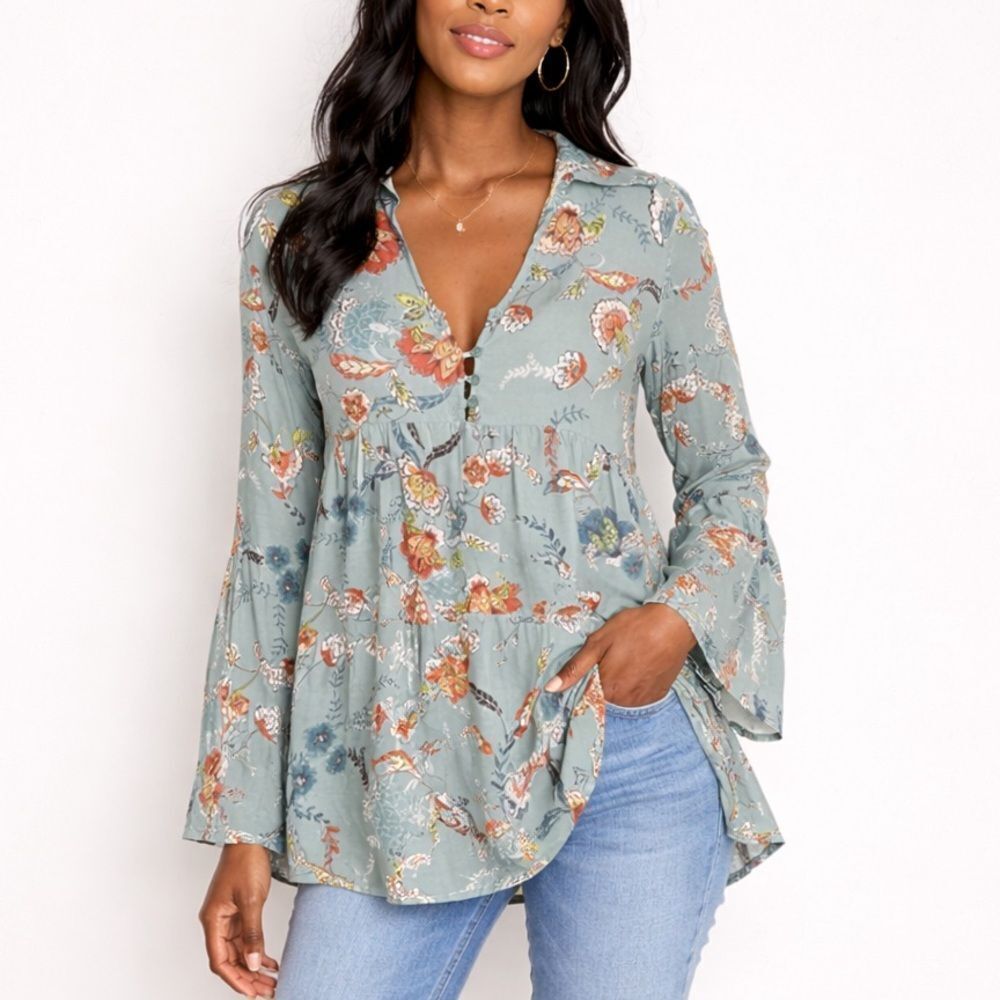Jaase Anthropologie Blue Boho Floral Print Tunic